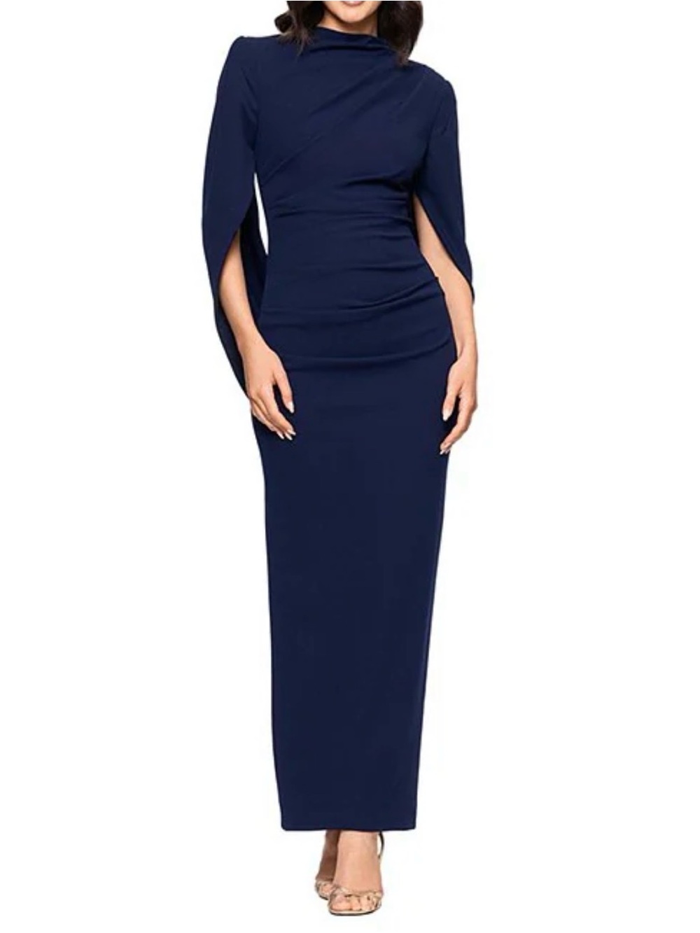 Betsy & Adam Navy High-Neck Cape Sleeve Midi Gown